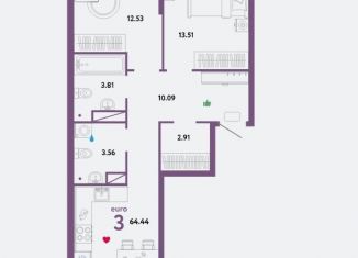 2-комнатная квартира на продажу, 64.4 м2, Тюмень, ЖК Колумб