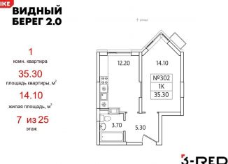 1-комнатная квартира на продажу, 35.3 м2, деревня Сапроново, ЖК Видный Берег 2