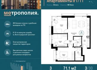 Продам 3-ком. квартиру, 71.1 м2, Москва, Волгоградский проспект, 32/5к4, ЖК Метрополия