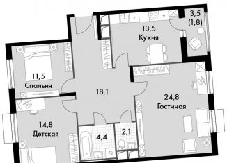 3-комнатная квартира на продажу, 91 м2, посёлок Развилка, ЖК Римский