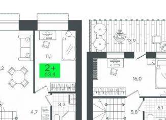 2-ком. квартира на продажу, 63.4 м2, деревня Дударева, Тюменская улица, 3