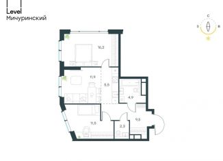 3-комнатная квартира на продажу, 61.8 м2, Москва, жилой комплекс Левел Мичуринский, к9