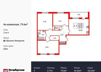 Продажа 3-комнатной квартиры, 79.6 м2, Санкт-Петербург, проспект Ветеранов, 204, ЖК Солнечный Город. Резиденции