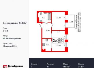 1-ком. квартира на продажу, 44.9 м2, Санкт-Петербург, муниципальный округ № 7