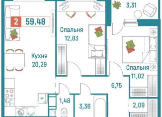 Продаю 2-ком. квартиру, 59.5 м2, Мурино