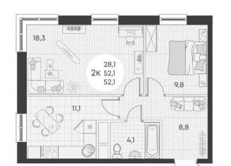 Продам 2-комнатную квартиру, 52.1 м2, посёлок городского типа Яблоновский