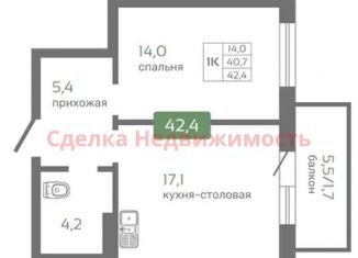 Продажа однокомнатной квартиры, 42.4 м2, Красноярск, Октябрьский район