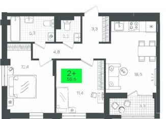 Продам 2-комнатную квартиру, 66.3 м2, Тюмень, Калининский округ, улица Николая Глебова, 4