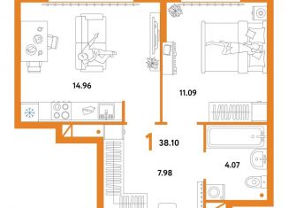 Продам 1-ком. квартиру, 38.1 м2, Тюмень, Интернациональная улица, 199к10