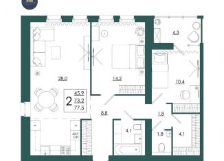 Продается двухкомнатная квартира, 77.5 м2, Смоленск, Промышленный район