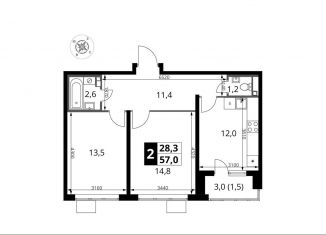 2-ком. квартира на продажу, 57 м2, деревня Сапроново