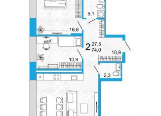 Продаю 2-ком. квартиру, 74 м2, Уфа, улица Аксакова, 18, ЖК Империал