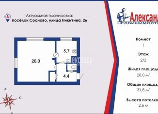 Продаю 1-ком. квартиру, 31.8 м2, посёлок Сосново, улица Никитина, 26