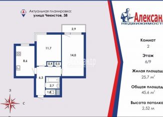 Двухкомнатная квартира на продажу, 45.6 м2, Санкт-Петербург, улица Чекистов, 38, улица Чекистов