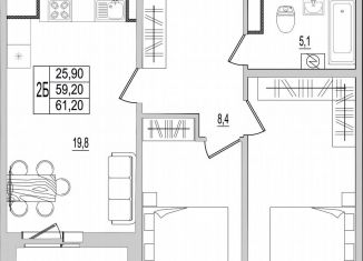 Продается 2-комнатная квартира, 61.2 м2, Псков