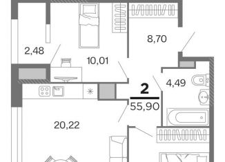 Продам 2-ком. квартиру, 55.9 м2, Рязань