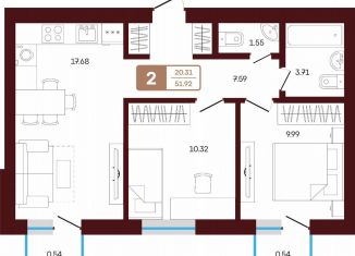 Продаю двухкомнатную квартиру, 51.9 м2, село Акбердино
