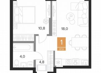 1-ком. квартира на продажу, 37.6 м2, Курск