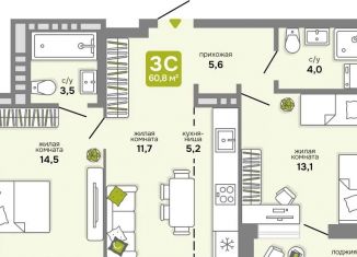 Трехкомнатная квартира на продажу, 60.7 м2, Новосибирская область
