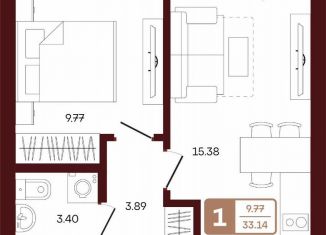 Продажа 1-комнатной квартиры, 33.1 м2, село Акбердино