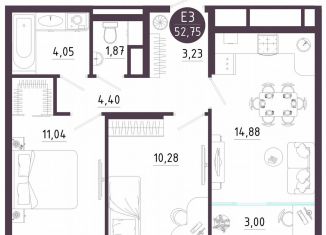 2-ком. квартира на продажу, 52.8 м2, Тула, Пряничная улица, 9