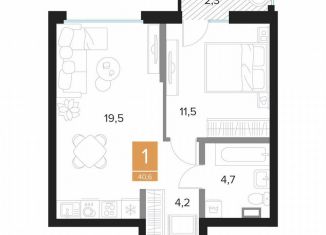 1-комнатная квартира на продажу, 40.6 м2, Курск