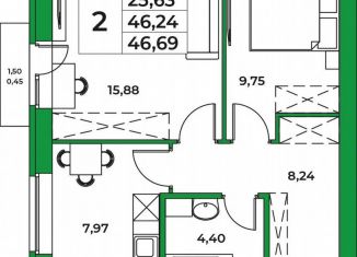 Продажа двухкомнатной квартиры, 46.7 м2, Республика Башкортостан