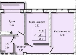Продается двухкомнатная квартира, 51.1 м2, Нальчик, улица А.А. Кадырова, 24, ЖК Молодёжный