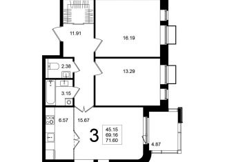 Продам 3-комнатную квартиру, 71.6 м2, Московская область