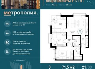 3-комнатная квартира на продажу, 71.5 м2, Москва, Волгоградский проспект, 32/5к4, ЖК Метрополия