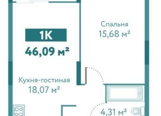 Однокомнатная квартира на продажу, 46.1 м2, Тюмень, ЖК Акватория