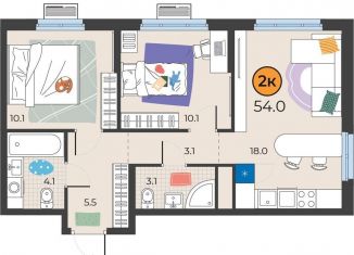 Продается 2-ком. квартира, 54 м2, Тюмень, Восточный округ, улица Эльвиры Федоровой, 3