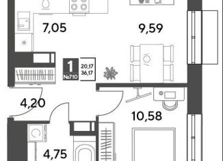 Продам 1-ком. квартиру, 36.2 м2, Московская область