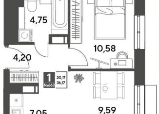 1-ком. квартира на продажу, 36.2 м2, Московская область