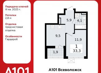 Продаю 1-комнатную квартиру, 33.3 м2, Ленинградская область