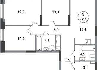 Продается 3-комнатная квартира, 72.6 м2, Москва