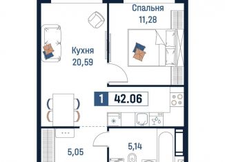 Продаю 1-комнатную квартиру, 42.1 м2, Мурино