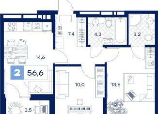 Двухкомнатная квартира на продажу, 56.6 м2, Тюмень