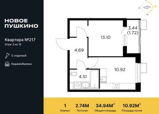 Продаю 1-ком. квартиру, 34.9 м2, Московская область, микрорайон Новое Пушкино, к27