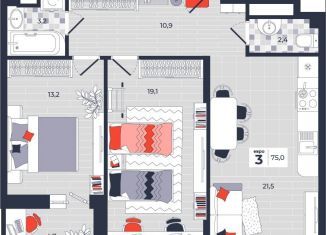 Продается 3-ком. квартира, 75 м2, Тула