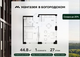 Продам 1-комнатную квартиру, 44.8 м2, Москва, станция Бульвар Рокоссовского