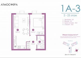 1-ком. квартира на продажу, 36.2 м2, Астрахань, улица Бехтерева, 12/4, ЖК Атмосфера