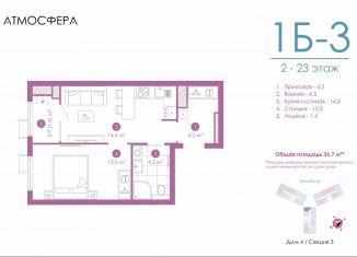 Продам 1-комнатную квартиру, 36.7 м2, Астрахань, улица Бехтерева, 12/4, ЖК Атмосфера