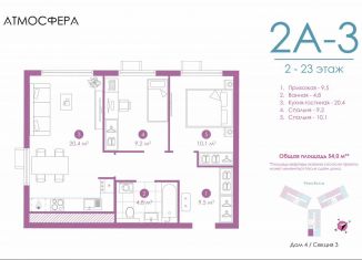 Продам двухкомнатную квартиру, 53.8 м2, Астрахань, улица Бехтерева, 12/4, ЖК Атмосфера