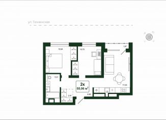2-комнатная квартира на продажу, 55.1 м2, деревня Дударева, улица Сергея Джанбровского, 25