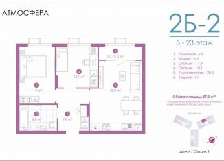 2-ком. квартира на продажу, 56.9 м2, Астрахань, улица Бехтерева, 12/4, ЖК Атмосфера