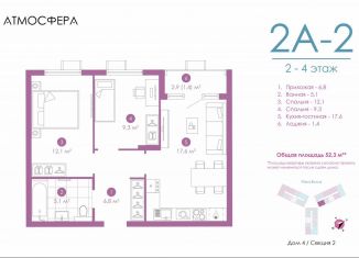 Продам двухкомнатную квартиру, 51.6 м2, Астрахань, улица Бехтерева, 12/4, ЖК Атмосфера