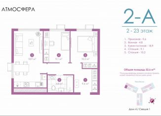 Продажа 2-комнатной квартиры, 52.4 м2, Астрахань, улица Бехтерева, 12/4, ЖК Атмосфера