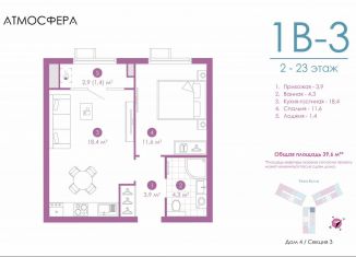 1-комнатная квартира на продажу, 39.6 м2, Астрахань, улица Бехтерева, 12/4, ЖК Атмосфера