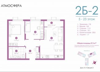 Продаю 2-комнатную квартиру, 56.9 м2, Астрахань, улица Бехтерева, 12/4, ЖК Атмосфера